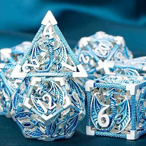 ARUOHHA Hollow DND Metal Dice Set Blue Dragons D and D Dice, RPG Role Playing Games Dungeons Polyhedral Dice with Gift Box D20 D12 D10 D8 D6 D4 - color: Silver Blue