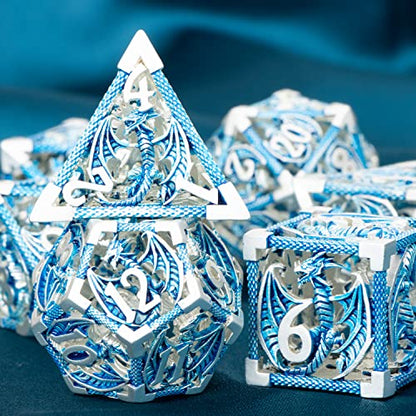 ARUOHHA Hollow DND Metal Dice Set Blue Dragons D and D Dice, RPG Role Playing Games Dungeons Polyhedral Dice with Gift Box D20 D12 D10 D8 D6 D4 - color: Silver Blue