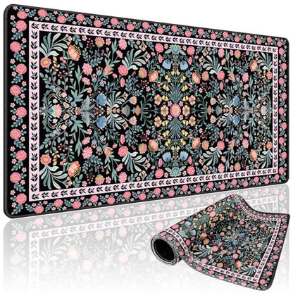 Black Floral Desk Mat Large Mouse Pad 31.5"x15.7" Non-Slip | Extended Mousepad, Non-Slip Rubber Base , Stitched Edges, for Computer/Laptop/Office/Home - color: Black Floral