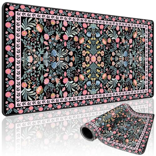 Black Floral Desk Mat Large Mouse Pad 31.5"x15.7" Non-Slip | Extended Mousepad, Non-Slip Rubber Base , Stitched Edges, for Computer/Laptop/Office/Home - color: Black Floral