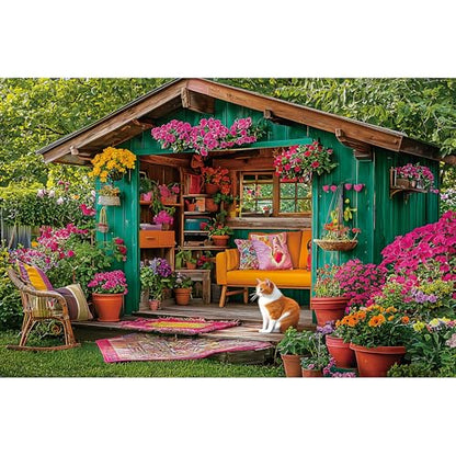 Flower House 500 Piece Puzzle for Adults Colorful Garden Shed Cat Jigsaw Puzzles with Letters on Back Perfect Family Challenge for Game Nights(23"X15") - color: Flower House