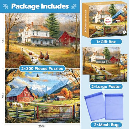 2 Pack 300 Pieces Puzzle for Adults,Autumn Puzzle Farm Jigsaw Puzzles 300 Pieces for Adults Kids Seniors Countryside Jigsaw Puzzle Premium Cardboard Puzzles for Tabletop Family Activity Gift - style: Farm Countryside