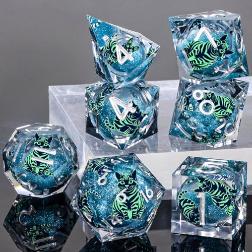 KERWELLSI Cat Liquid Core DND Dice Set with Gift Box, 7Pcs Resin Dungeons Sharp Edge D&D Dice, Dragons D and D Role Playing Dice D20 D12 D10 D8 D6 D4, Blue and Light Green Cat - color: Blue and Light Green Cat
