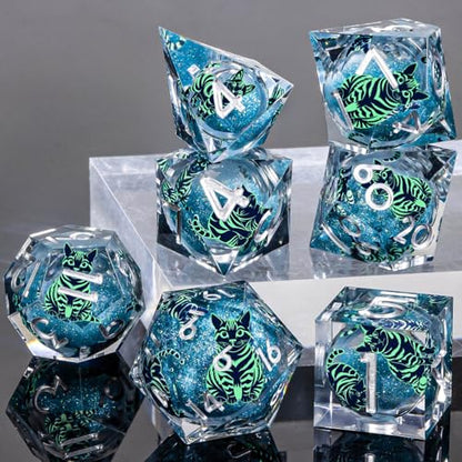 KERWELLSI Cat Liquid Core DND Dice Set with Gift Box, 7Pcs Resin Dungeons Sharp Edge D&D Dice, Dragons D and D Role Playing Dice D20 D12 D10 D8 D6 D4, Blue and Light Green Cat - color: Blue and Light Green Cat