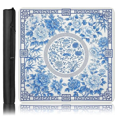 Britimes Mahjong Mat with Black Carrying Bag,31.5"x31.5", Blue Floral | Non-Slip Noise Reduction Gaming Mat Rubber Multi Purpose Game Table Cover for Mahjong Card Dominoes Board Tile Games - color: Blue Flowers Leaves