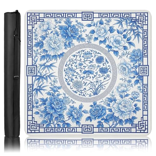 Britimes Mahjong Mat with Black Carrying Bag,31.5"x31.5", Blue Floral | Non-Slip Noise Reduction Gaming Mat Rubber Multi Purpose Game Table Cover for Mahjong Card Dominoes Board Tile Games - color: Blue Flowers Leaves