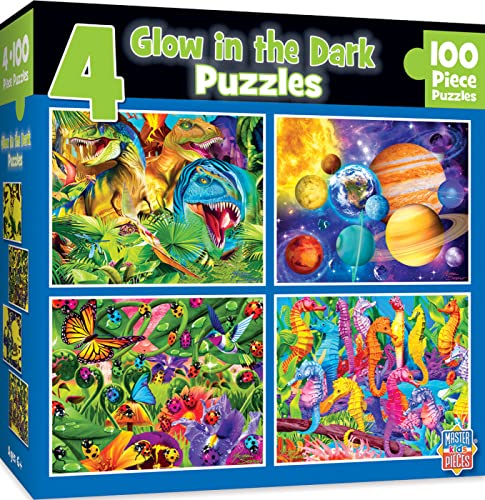 MasterPieces – Jigsaw Puzzle Set for Kids 6+ Years, 4-Pack of 100 Pieces, Educational and Fun Game, Blue Glow in The Dark Collection, Gift Idea for Children, 8" x 10 - style: Glow in the Dark V2