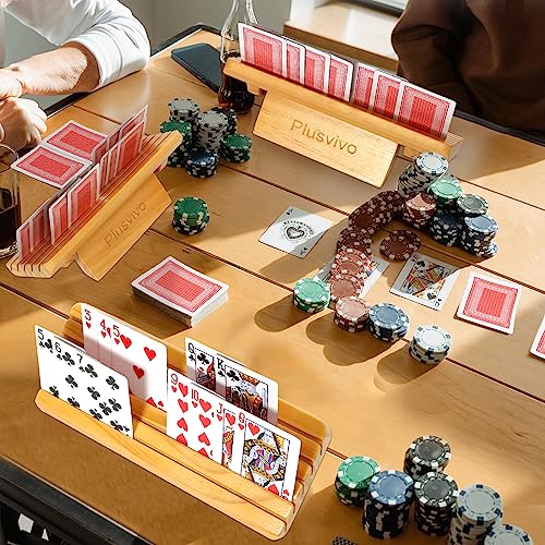 plusvivo Card Holders for Playing Cards with Adjustable Stand Set of 4, Playing Card Holders for Seniors Adults Kids 5 Slots up to 110 Cards, 12" Wooden Card Holder for Canasta Bridge