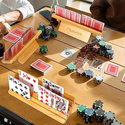 plusvivo Card Holders for Playing Cards with Adjustable Stand Set of 4, Playing Card Holders for Seniors Adults Kids 5 Slots up to 110 Cards, 12" Wooden Card Holder for Canasta Bridge