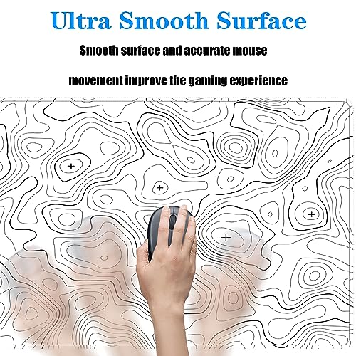 Topographic Large Gaming Mouse Pad,White Mouse Pad Gaming Mouse Mat Desk Pad,31.5 x 11.8 Desk Mat Minimalist Mouse Pads for Desk,Extended White Keyboard Mousepad with Non-Slip Base and Stitched Edge - color: White Topographic Contour