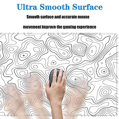 Topographic Large Gaming Mouse Pad,White Mouse Pad Gaming Mouse Mat Desk Pad,31.5 x 11.8 Desk Mat Minimalist Mouse Pads for Desk,Extended White Keyboard Mousepad with Non-Slip Base and Stitched Edge - color: White Topographic Contour