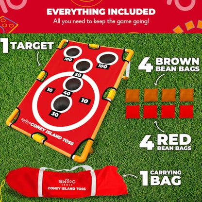 Swooc Games - Coney Island Toss™ - Arcade Style Cornhole Board Set w/Carrying Case & 15+ Games - Corn Hole Games for Adults - Kids Bean Bag Toss Game - Kids Cornhole Set w/Bags - Outdoor Yard Games