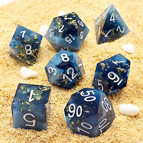 Haxtec Sharp Edge DND Dice Set, Gold Foil Resin Polyhedral RPG Dice | Blue D&D Dice for Role Playing Games, Compatible with Dungeons and Dragons, Handmade 7-Die with Metal Case, TTRPG Gifts - color: Blue White Gold