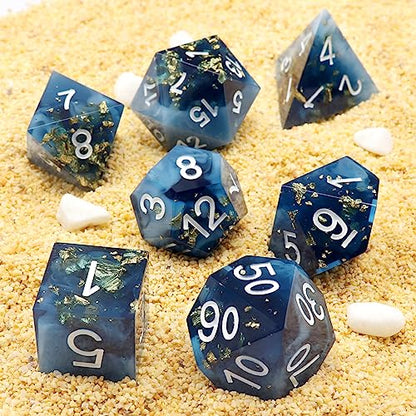 Haxtec Sharp Edge DND Dice Set, Gold Foil Resin Polyhedral RPG Dice | Blue D&D Dice for Role Playing Games, Compatible with Dungeons and Dragons, Handmade 7-Die with Metal Case, TTRPG Gifts - color: Blue White Gold