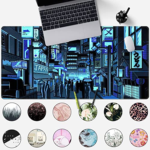 Japanese Gaming Arcade Blue Large Gaming Mouse Pad Keyboard Desk Pad Extended Mouse Pad Gaming Office Decor, Pc Laptop Mouse Pads Large (31.5x15.7 in) with Stitched Eges Non-Slip Base Mousepad XXL - color: Pixel Game Scenery