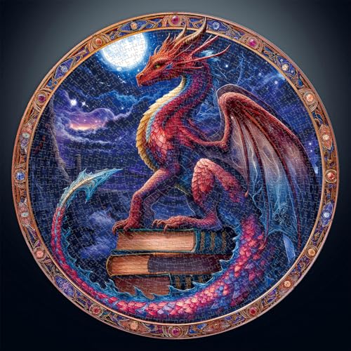 1000 Piece Round Jigsaw Puzzle for Adults, Fantasy Dragon with Mysterious Moonlight Scene, Hard Puzzles with Letters on Back, Wall Decor Mental Stress Relief Gift - color: F-moonlight Dragon