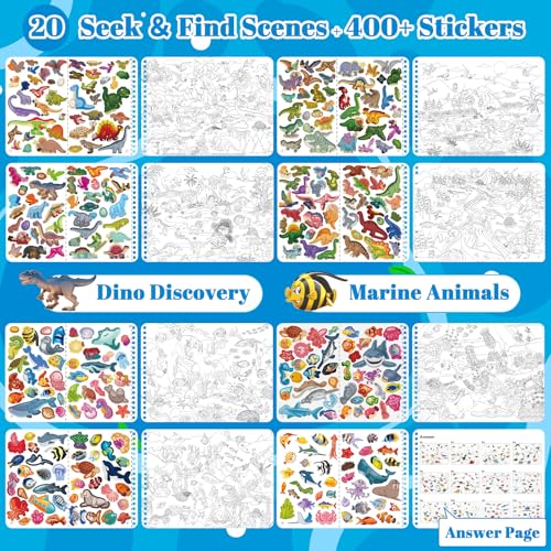 Kalysky Dinosaur and Ocean Animal Sticker Book for Kids Ages 4-8 | Search and Find Sticker Activity Book,Travel Toys for Toddlers, Airplane & Road Trip Games, Educational Fun - color: Dinosaur and Ocean Animal