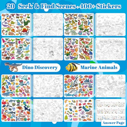 Kalysky Dinosaur and Ocean Animal Sticker Book for Kids Ages 4-8 | Search and Find Sticker Activity Book,Travel Toys for Toddlers, Airplane & Road Trip Games, Educational Fun - color: Dinosaur and Ocean Animal