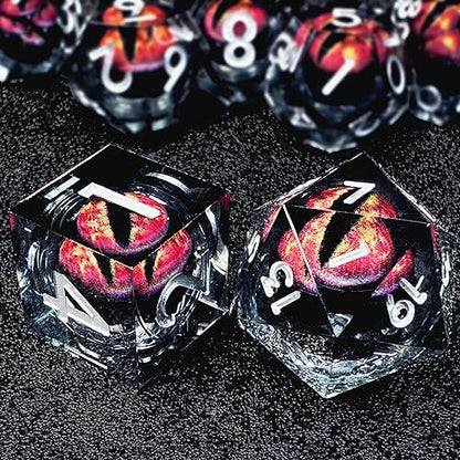 HAOMEJA Resin Dragon Eye DND Dice Set D&D 7 Pcs Resin Sharp Edge Role Playing Dice with Dragon Eye Dice Bag, Polyhedral Dungeons and Dragons Dice D20 D12 D10 D100 D8 D6 D4(Black & Eye Red) - color: 7 Eye Red & Black