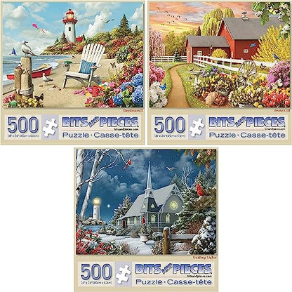 Bits and Pieces 3 Jigsaw Puzzle Set - 500 Piece Puzzles for Adults - Alan Giana Seasons Set - 18" x 24" Jigsaw Puzzles - Spring Winter Beach - Random Die Cut Pieces No 2 are Alike - size: 18" x 24" - Three 500 Piece Puzzles