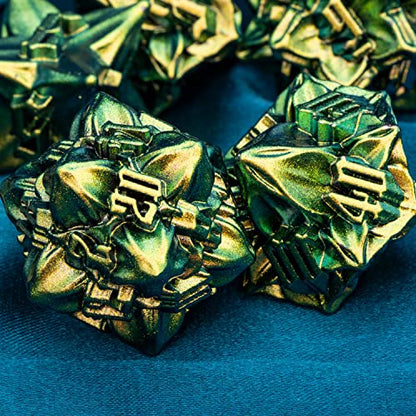 ARUOHHA DND Metal Dice Set Yellow Green Leaf Design Polyhedral Dice with Box, 7PCS D and D Dice RPG Role Playing Games D20 D12 D10 D8 D6 - color: Yellow Green