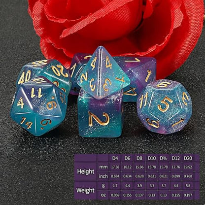QMAY DND Dice Set -D&D Polyhedral Dice (7 Pcs) for Dungeons and Dragons (Purple Light Blue Glitter) - color: Purple Light Blue Glitter