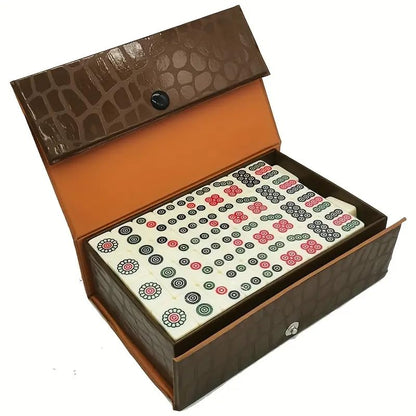 Portable Mini Chinese Mahjong Set with 146 Melamine Tiles Compact Brown Carrying Case for Camping, Family Game Night Camping, Beach & Halloween Christmas Easter Party