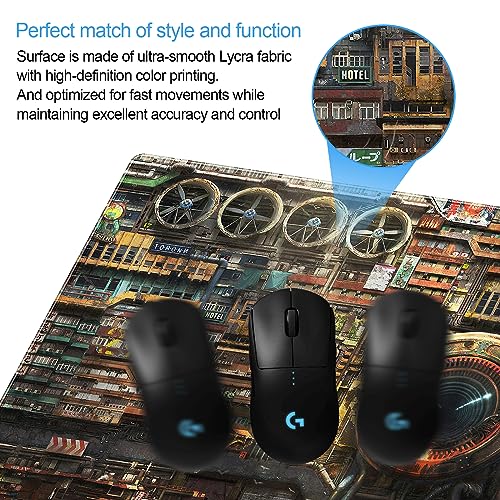 Cyberpunk Mech Desk Mat, Sci-Fi City Large Gaming Mouse Pad | Industrial steampunk city desk pad with thick 3mm cushion, smooth cloth top, and anti-slip backing. - color: Futuristic Art