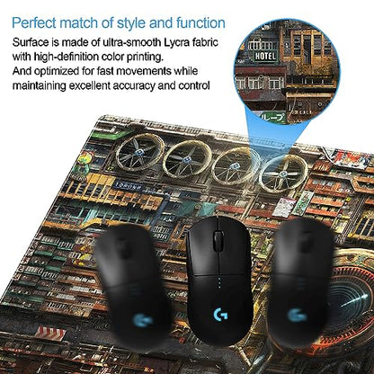 Cyberpunk Mech Desk Mat, Sci-Fi City Large Gaming Mouse Pad | Industrial steampunk city desk pad with thick 3mm cushion, smooth cloth top, and anti-slip backing. - color: Futuristic Art