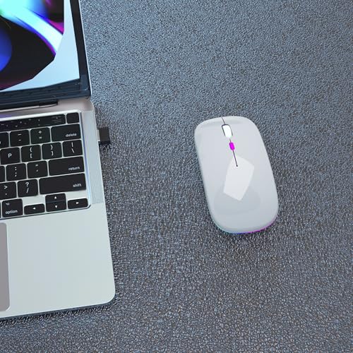 AIKOKOK Wireless Bluetooth Mouse, Rechargeable Dual Mode Mouse, Silver | BT 5.2 & 2.4G USB Receiver,3 Adjustable DPI,LED Lights,Slim,Silent,Portable Computer Mouse for Laptop,PC,MacBook,iPad,Tablet - color: Silver