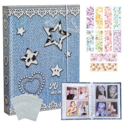 Kpop Photocard Binder with 6 Stickers Sheet & 50 Shinning Protective Sleeves Kpop Photocard Holder Book with Kpop Photocard, A5 Binder Photocard Album 30 Inner Pages with 240 Pockets (Jeans) - color: Jeans