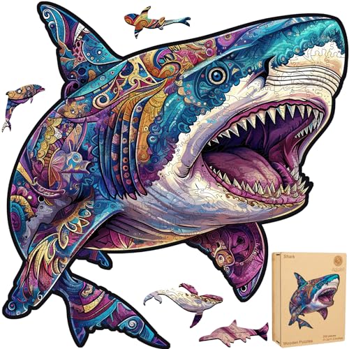 Delobil Wooden Puzzles for Adults, Shark Jigsaw Puzzles 200 Pieces, Unique Shape Puzzles with Wooden Box, 11.3 x 11.3 Inches Family Game Gift, Fun Challenging Puzzles for Adults and Kids - color: Shark, size: 200Pcs