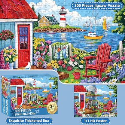 300 Pieces Puzzles for Adults,Seaside Garden House 300 Pieces Large Puzzle for Adults Seniors,Coastal Lighthouse Jigsaw Puzzle for Kids Ages 8-10,Challenging Family Games, 20.5 x 15 in - style: Garden House