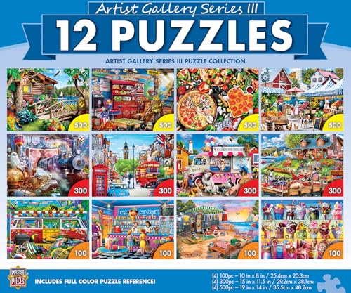 MasterPieces – Jigsaw Puzzle 12-Pack Bundle Set, Fun for Adults and Family, Artist Gallery Collection, (4) Round 100 Piece, (4) 300 Piece, (4) 500 Piece - style: Artist Gallery III