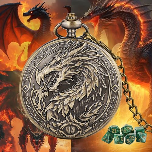 Dragon Breathing Fire Design DND Dice Set with Bag, Small Green Acrylic Polyhedral Dice with Pocket Watch Case and Chain, DND Starter Set, RPG Board Game Accessories, Dragon Gifts for Men Women Gamer - color: Dragon Breathing Fire