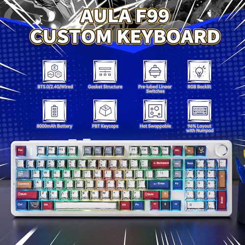 x Aula F99 Pro Mechanical Keyboard, Wireless Gaming Keyboards RGB Backlit Hot Swappable Custom Creamy Bluetooth Computer Keyboard, Tri-Mode BT5.0/2.4GHz/USB-C, Pre-lubed Switches PBT Keycaps | 99 Keys,8000mAh Rechargeable,Hot Swappable Custom,RGB Backlit,