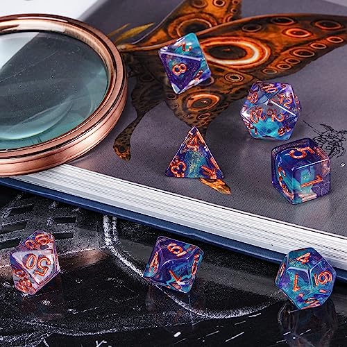 DND Dice Set Purple Magma Polyhedral Dice Set for D&D Tabletop Games | Leather Storage Bag, DM Gift, for Dungeons and Dragons Role Playing Games - color: Purple Mix Blue