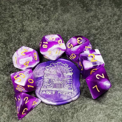 Sage’s Portal Stones DND Dice Set Acrylic Opaque 7-PC Polyhedral DND Dice Set for Dungeons and Dragons D&D Sage’s Cantrips RPG Tabletop TTRPG (Purple/White) - color: Purple/White