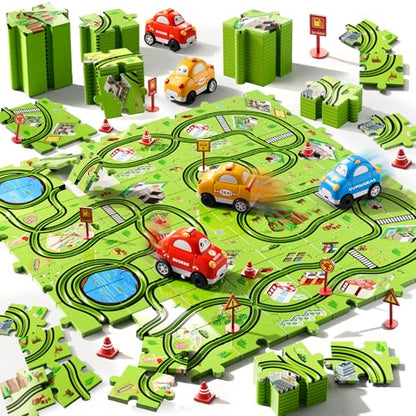 Beby Buty 64PCS Puzzle Track Car Set Toys for Kids Boys, Toddler Toys Gifts for 3 4 5 Year Old, Floor Puzzle Tracks Car for Boys Ages 3-5 4-6, for 3 4 5 6 Year Old - style: 64 PCS City Theme