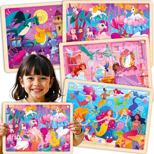 QUOKKA 4SET Puzzles for Kids Ages 4-6 - 24 Pcs Wooden Toddler Puzzles Ages 3-5 - Mermaids, Princesses, Unicorns Learning Games for Boys and Girls 4-8 Year Olds - color: Mermaids, Princesses, Unicorns