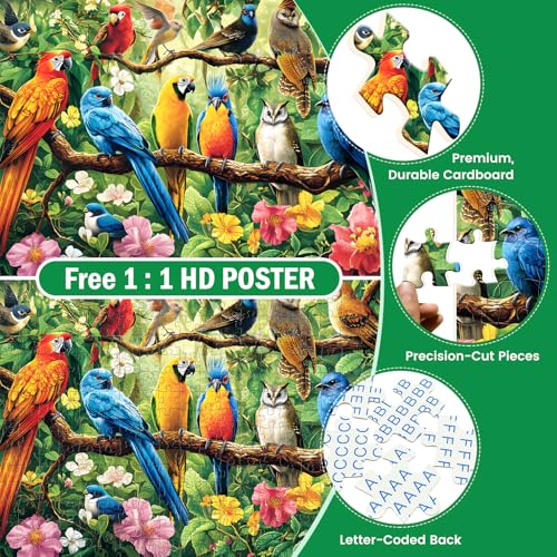 300 Piece Puzzle for Adults,Jungle Parrots Jigsaw Puzzles Adults Kids Seniors,Large Piece Animal Puzzle for Kids Ages 8-10 10-12,Bird Flower Puzzles Letters on Back,Unique Puzzles Great Gift,20.5*15in - style: Flower Birds