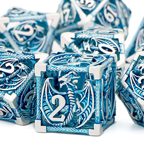 KERWELLSI Hollow DND Dice Set D&D with Gifts Box, 7pcs Polyhedral Metal D and D Dice for Role Playing Game, Dungeon Dragon Dice D20 D12 D10 D8 D6 D4 (Blue) - color: Blue