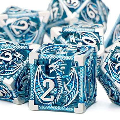KERWELLSI Hollow DND Dice Set D&D with Gifts Box, 7pcs Polyhedral Metal D and D Dice for Role Playing Game, Dungeon Dragon Dice D20 D12 D10 D8 D6 D4 (Blue) - color: Blue