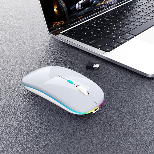 AIKOKOK Wireless Bluetooth Mouse, Rechargeable Dual Mode Mouse, Silver | BT 5.2 & 2.4G USB Receiver,3 Adjustable DPI,LED Lights,Slim,Silent,Portable Computer Mouse for Laptop,PC,MacBook,iPad,Tablet - color: Silver