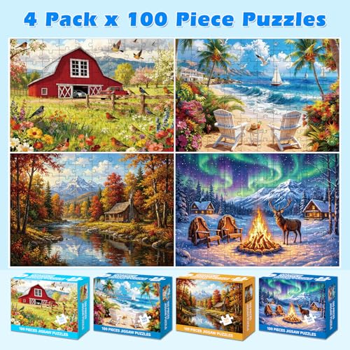 4-Pack 100 Piece Puzzle, Four Seasons Scenery 100 Piece Puzzles for Adults Seniors, Nature Landscape Large Piece Jigsaw Puzzles for Seniors Adults Educational Jigsaw Puzzles 100 Pieces (15x10 in)