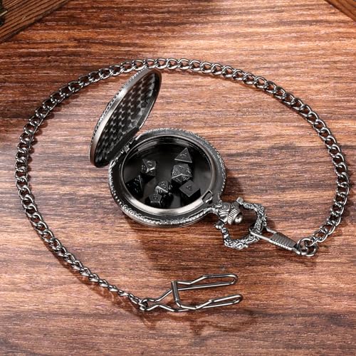 Mini DND Dice Set with Dragon Engraved Pocket Watch Shell Case, 7pcs Polyhedral Metal D&D Dice Set, DND Gifts with Gift Box, Role Playing Board Games Accessories, Dark Silver - color: Dark Silver