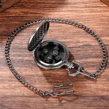 Mini DND Dice Set with Dragon Engraved Pocket Watch Shell Case, 7pcs Polyhedral Metal D&D Dice Set, DND Gifts with Gift Box, Role Playing Board Games Accessories, Dark Silver - color: Dark Silver