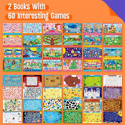 SpriteGru 2 Travel Game Pads, 60 Dry Erase Activities Games Reusable & Erasable Book, Fun Brain Challenge Games Interesting Educational Toy and Learning Tool for Road Trip Airplane Travel - style: Maze & Find