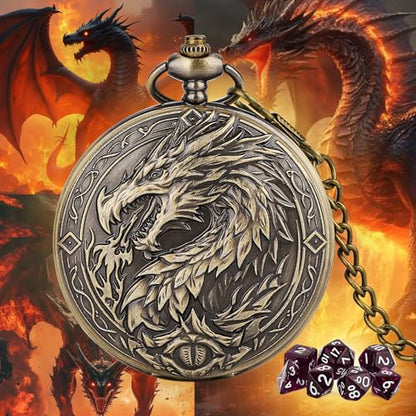 Mini DND Dice Set with Steampunk Dragon Large Pocket Watch Shell Case, 7-Piece Polyhedral Acrylic D&D Dice, DND Gift Bag with Dragon Logo, Role Play Board Game Accessories, Bronze + Purple - color: Bronze + Purple