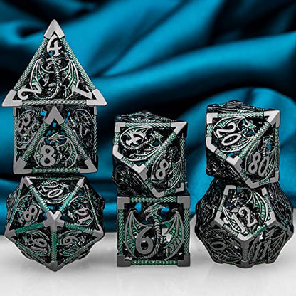 ARUOHHA Hollow DND Metal Dice Set Black Green Dragons D and D Dice, RPG Role Playing Games Dungeons Polyhedral Dice with Gift Box D20 D12 D10 D8 D6 D4 - color: Black Green